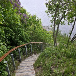 Stairs with handrails in Doles sala nature park in spring Stairs with handrails in Doles sala nature park in spring