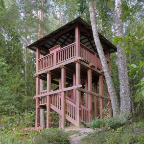 Wooden observation tower in the forest with stairs and a viewing platform Wooden observation tower in the forest with stairs and a viewing platform