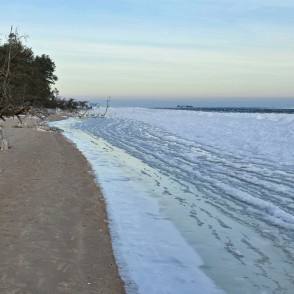 Kolkasrags ziemā: sasalusi jūras mala, sniegota pludmale un priežu mežs Kolkasrags ziemā: sasalusi jūras mala, sniegota pludmale un priežu mežs