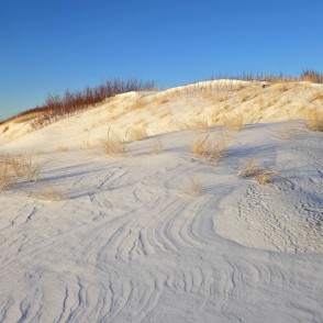Ziemas saulrieta gaisma uz apsnigušām kāpām Papes pludmalē Ziemas saulrieta gaisma uz apsnigušām kāpām Papes pludmalē
