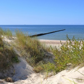 Wide sand dunes with grasses and a pier extending into the sea Wide sand dunes with grasses and a pier extending into the sea