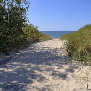 Smilšaina taka uz jūru starp kāpām Papes pludmalē Smilšaina taka uz jūru starp kāpām Papes pludmalē