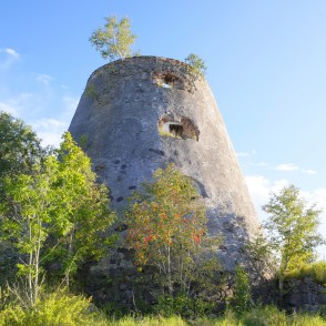 Mindes vējdzirnavu koniskās mūra drupas aiz zaļojošiem kokiem Mindes vējdzirnavu koniskās mūra drupas aiz zaļojošiem kokiem