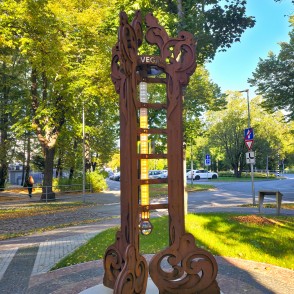 Art Nouveau design outdoor thermometer in Liepaja park in autumn Art Nouveau design outdoor thermometer in Liepaja park in autumn