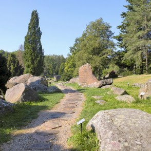 Stone pathway with boulder exhibition in Vaclovas Intas stone park Stone pathway with boulder exhibition in Vaclovas Intas stone park