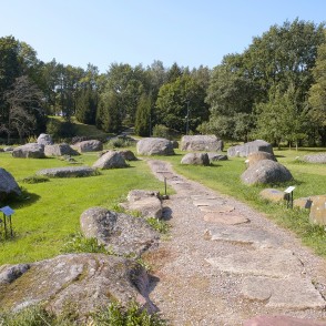 Wide boulder landscape with path in Vaclovas Intas stone park Wide boulder landscape with path in Vaclovas Intas stone park